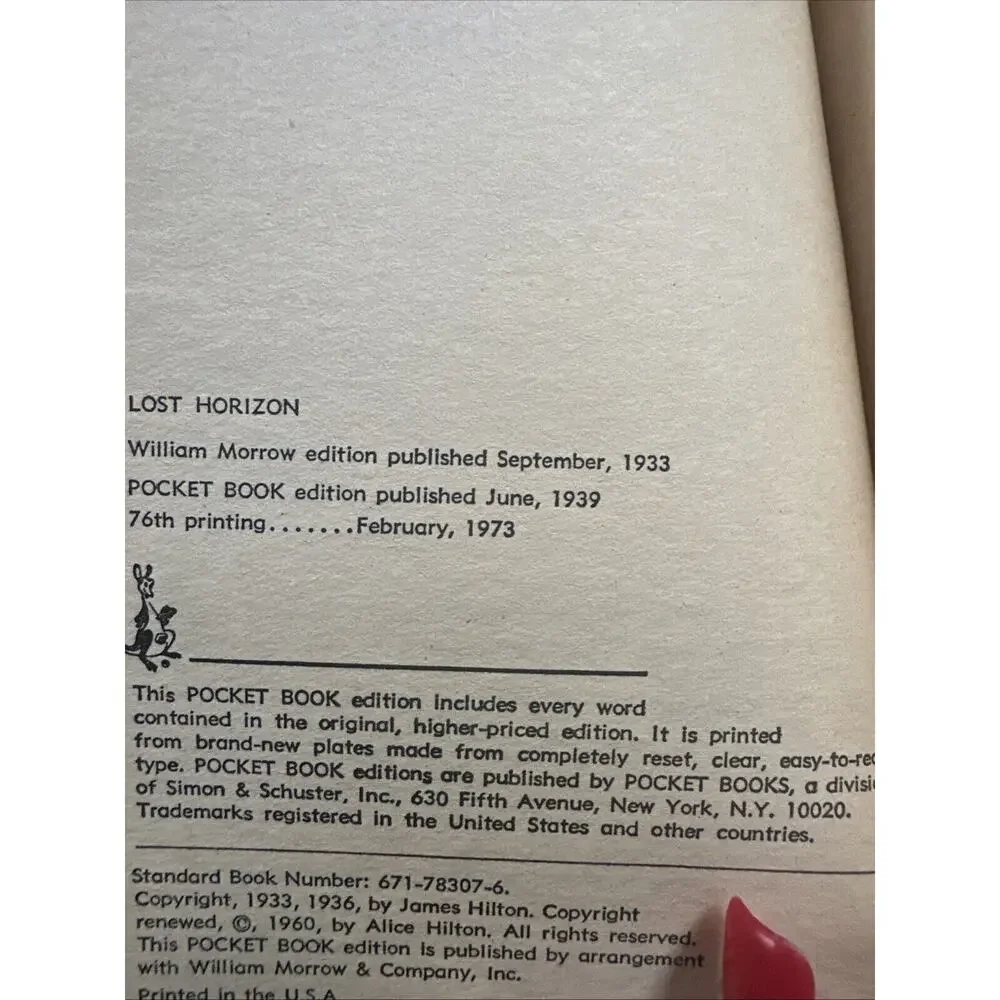 Vtg LOST HORIZON ~ James Hilton ~ 78307‎ Pocket Book 1973 76th Printing PB